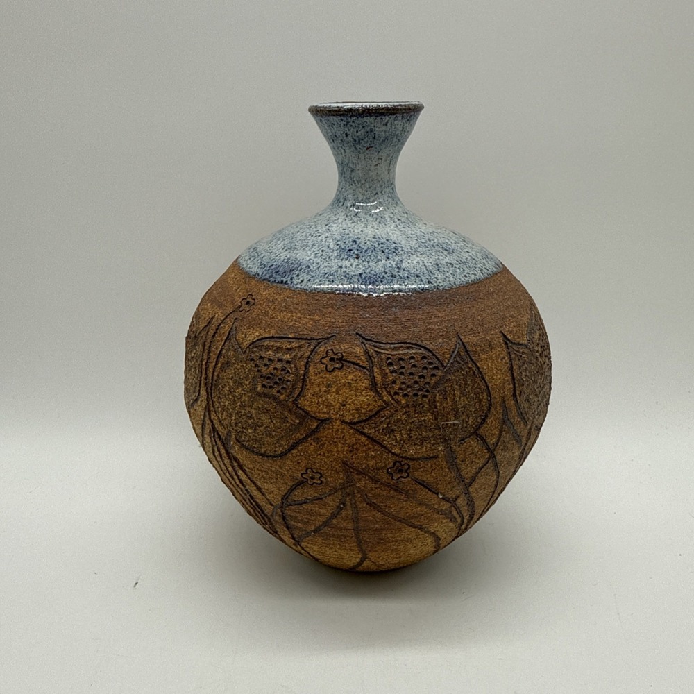Studio Pottery Sgraffito Vintage Bohemian Floral Vase Stoneware Art Cottage Core